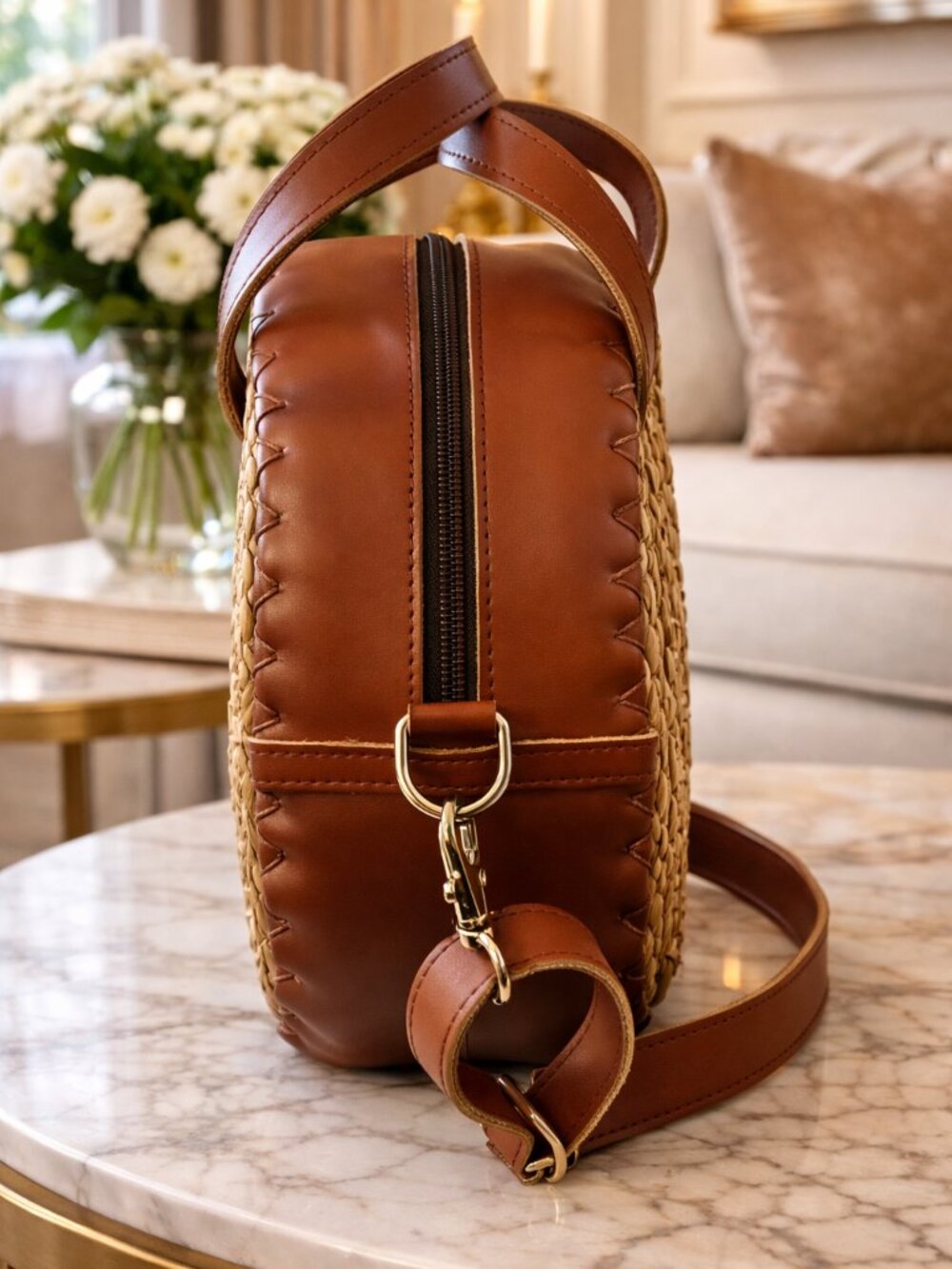 Boutique Woven Canteen Crossbody Bag Round Straw Cognac Trim Resort Chic NWOT - Picture 6 of 8